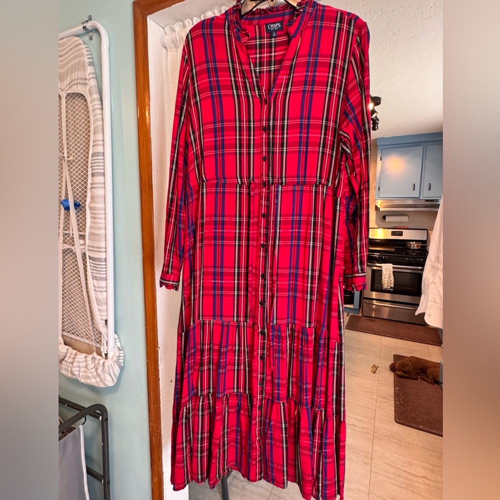 Red and Black Long Sleeve Cuffed Shirt Dress
